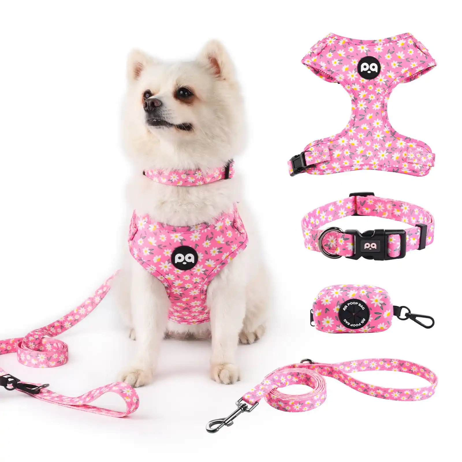 A collection of colorful, custom-branded dog harnesses.