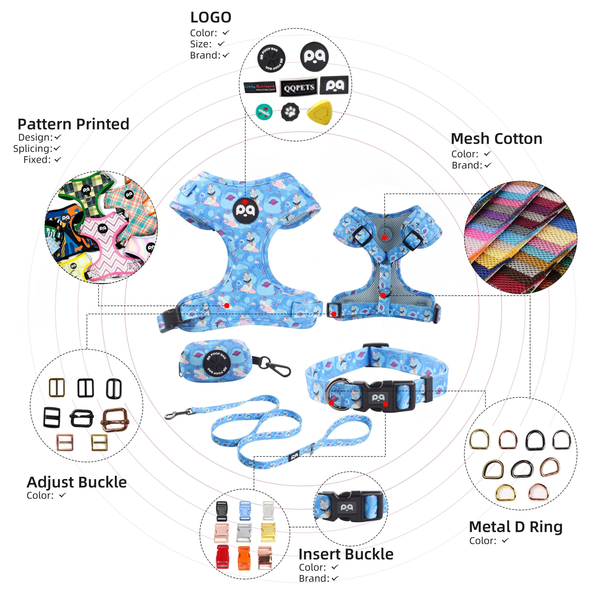 An array of customizable pet products, including collars, leashes, and harnesses.