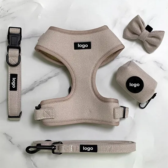 A premium custom soft teddy fabric dog harness, collar, and leash set.