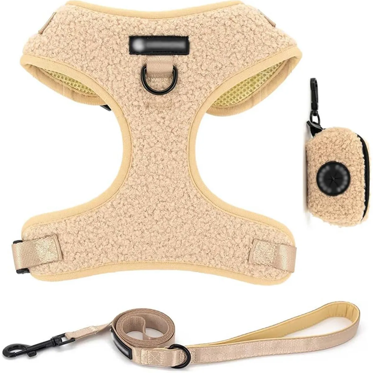A matching custom dog harness, leash, and poop bag holder set, showing easy product line expansion.