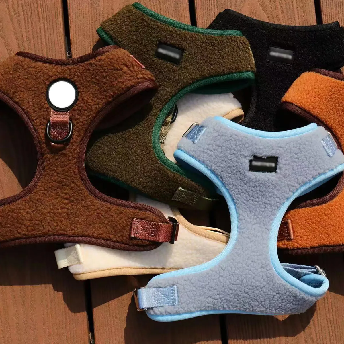 A close-up of a teddy-textured harness set, highlighting premium materials and design.