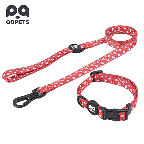 A complete dog harness and leash set with a matching custom pattern, showcasing a cohesive brand look.