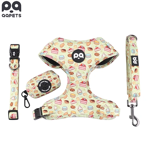A full set of custom-patterned pet supplies, including a harness, collar, leash, and bow tie.