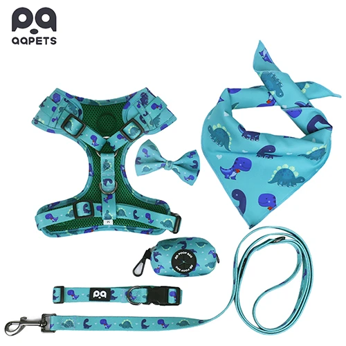 A detailed shot of a custom leash and harness, highlighting the quality of the pattern and stitching.