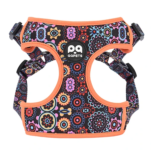 A custom-designed dog harness laid out, showcasing unique patterns and quality construction.