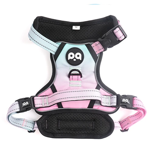 A close-up of a harness with a complex, vibrant custom pattern, showcasing design capabilities.