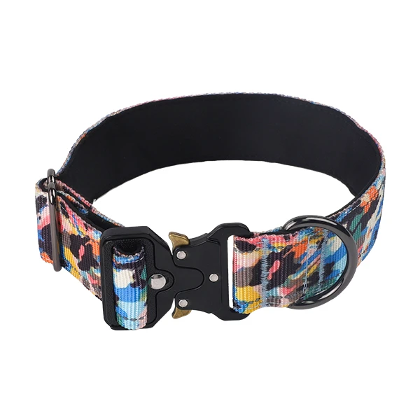A tactical-style custom camouflage dog collar with a logo patch, showing off a crisp pattern.
