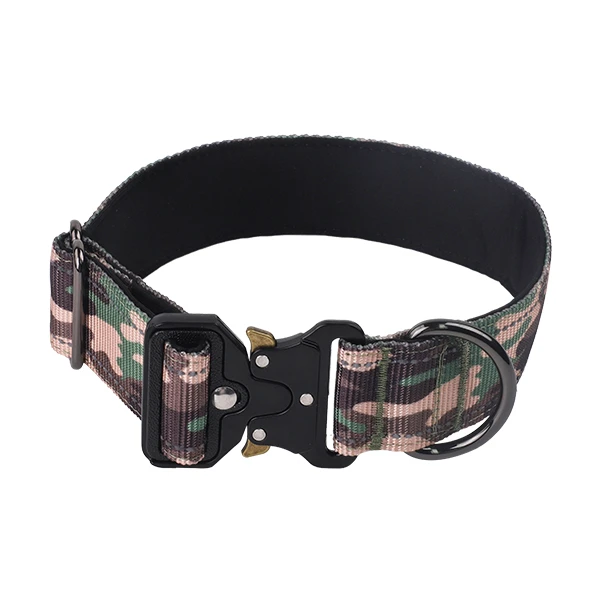 A close-up of a heavy-duty buckle on a custom tactical dog collar.