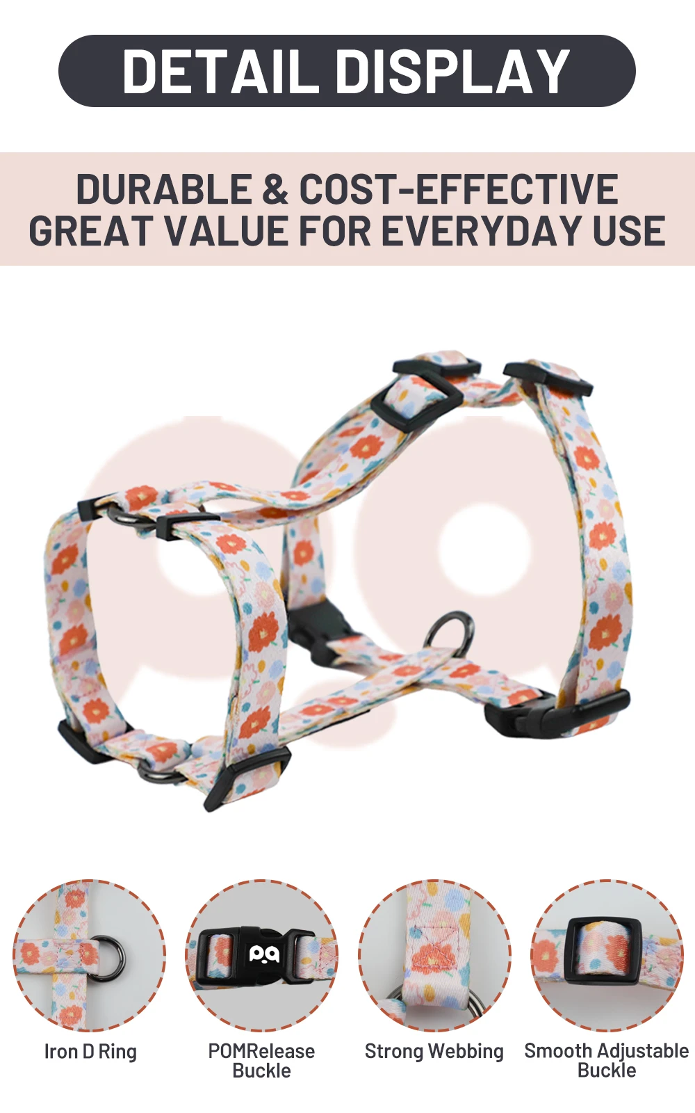A dog wearing a stylish H-harness, showcasing a complete branded look.