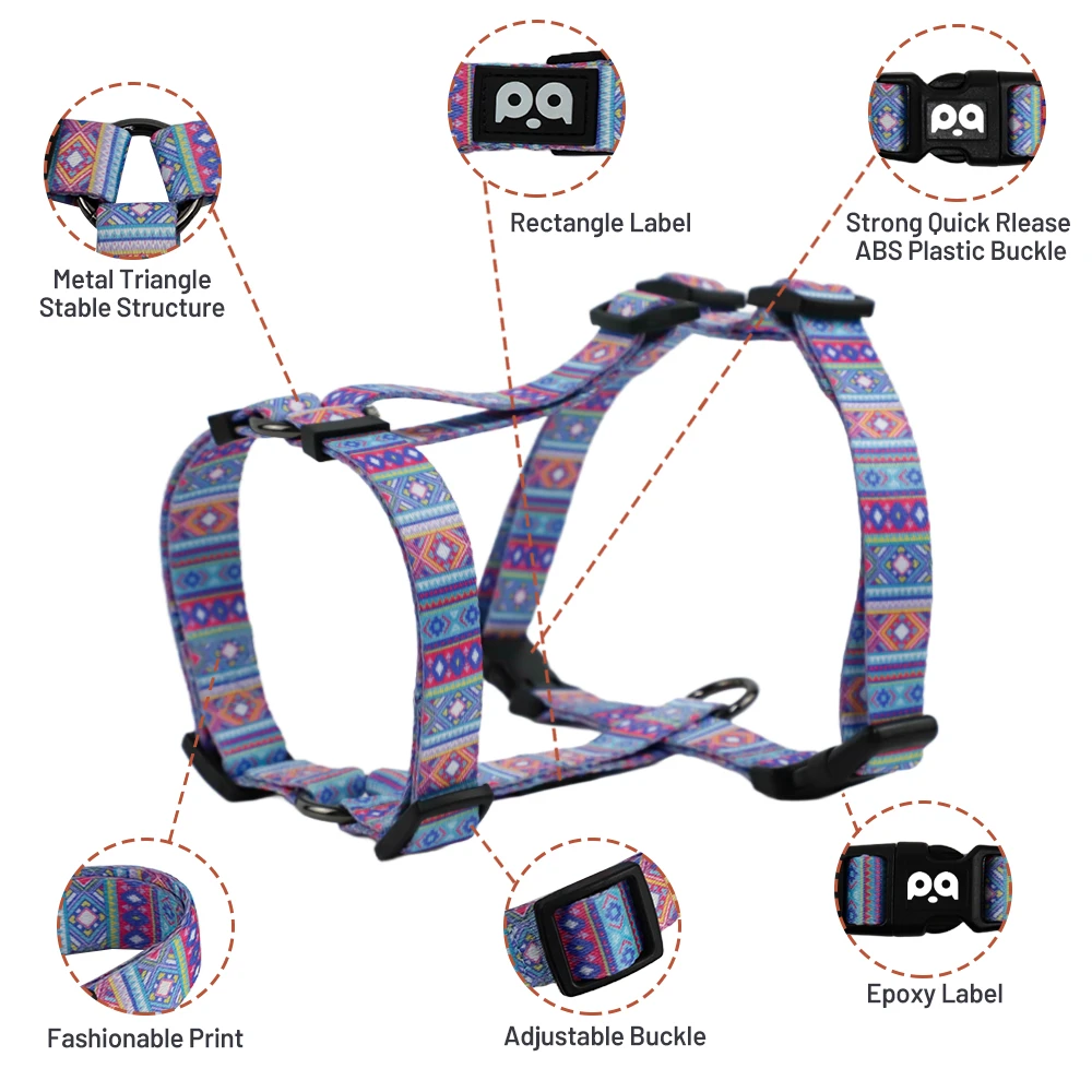 A close-up showing the five adjustment points on an H-harness.