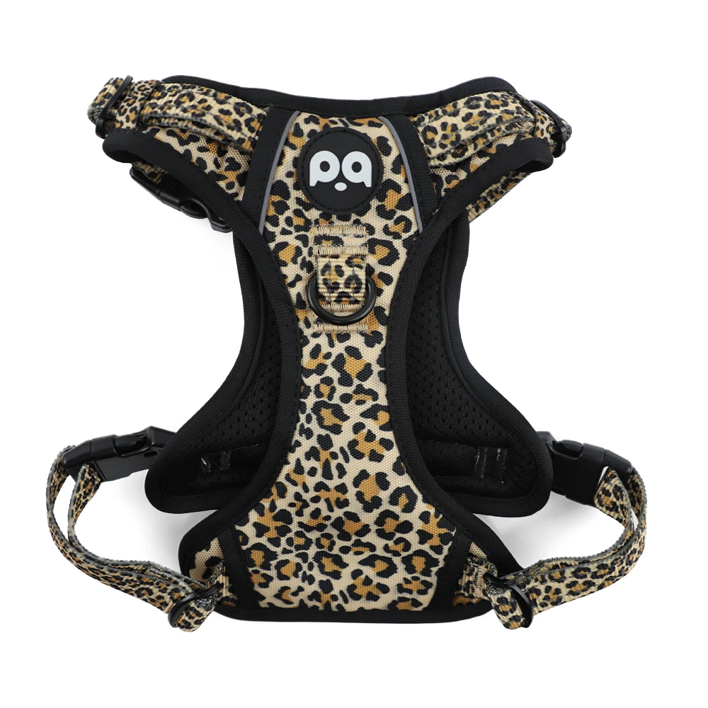 A detailed view of a custom anti-pull harness, showing the adjustable straps and front D-ring.
