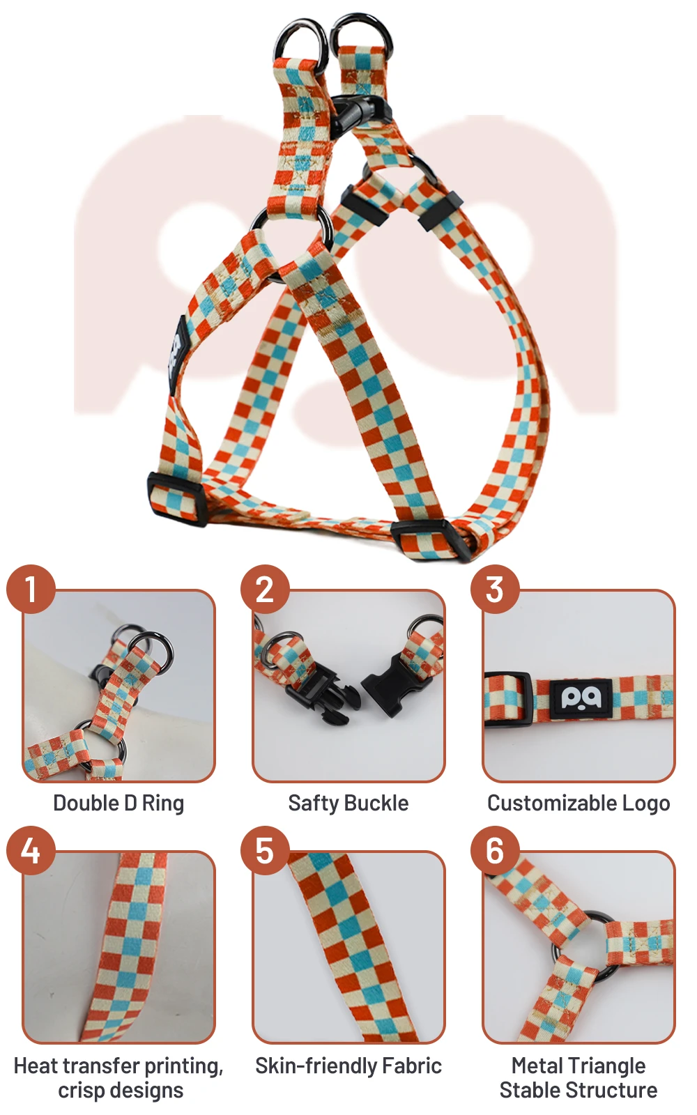 A detailed close-up shot of the strong buckle and weave on a step-in dog harness.