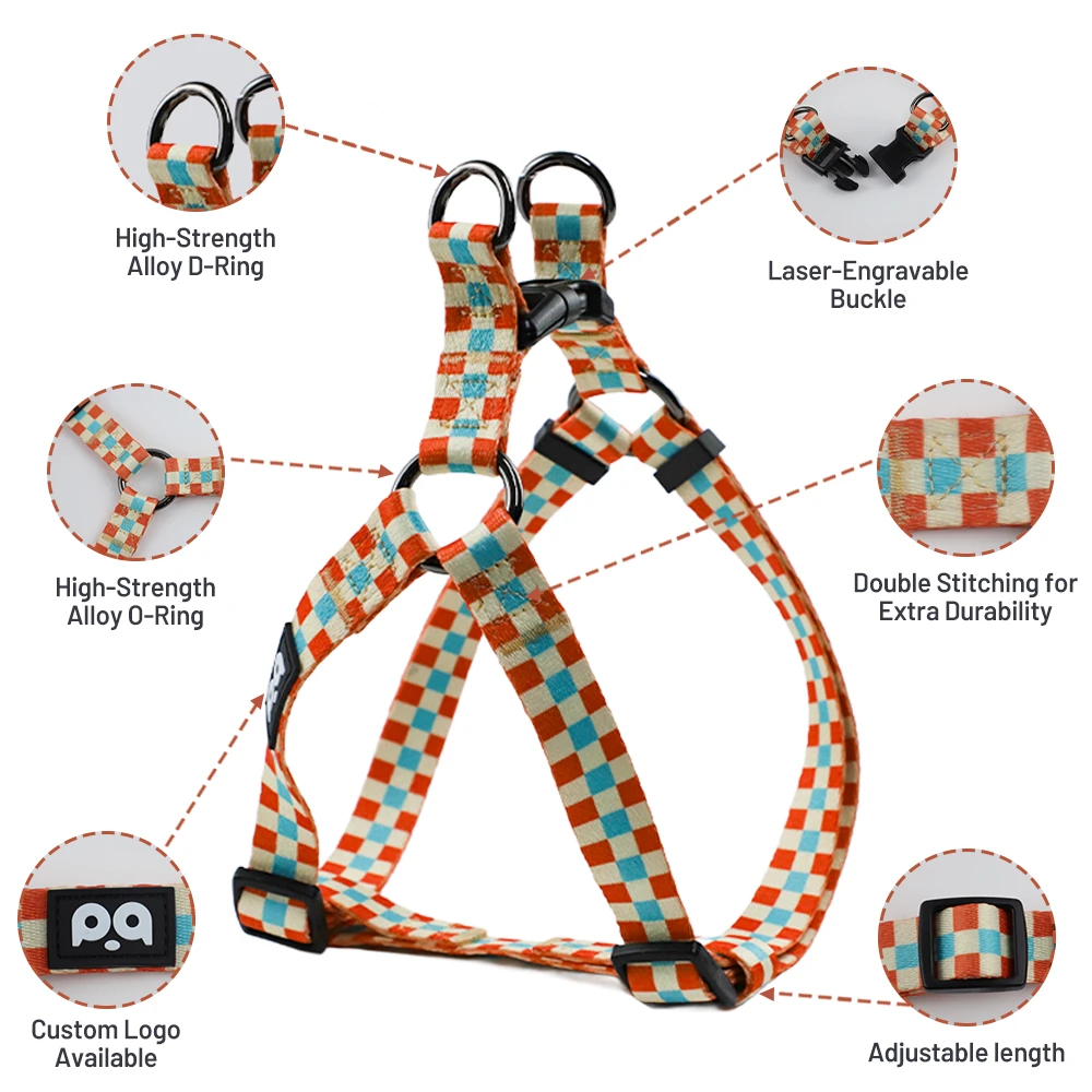 A happy dog wearing a colorful, custom patterned step-in harness and collar set.
