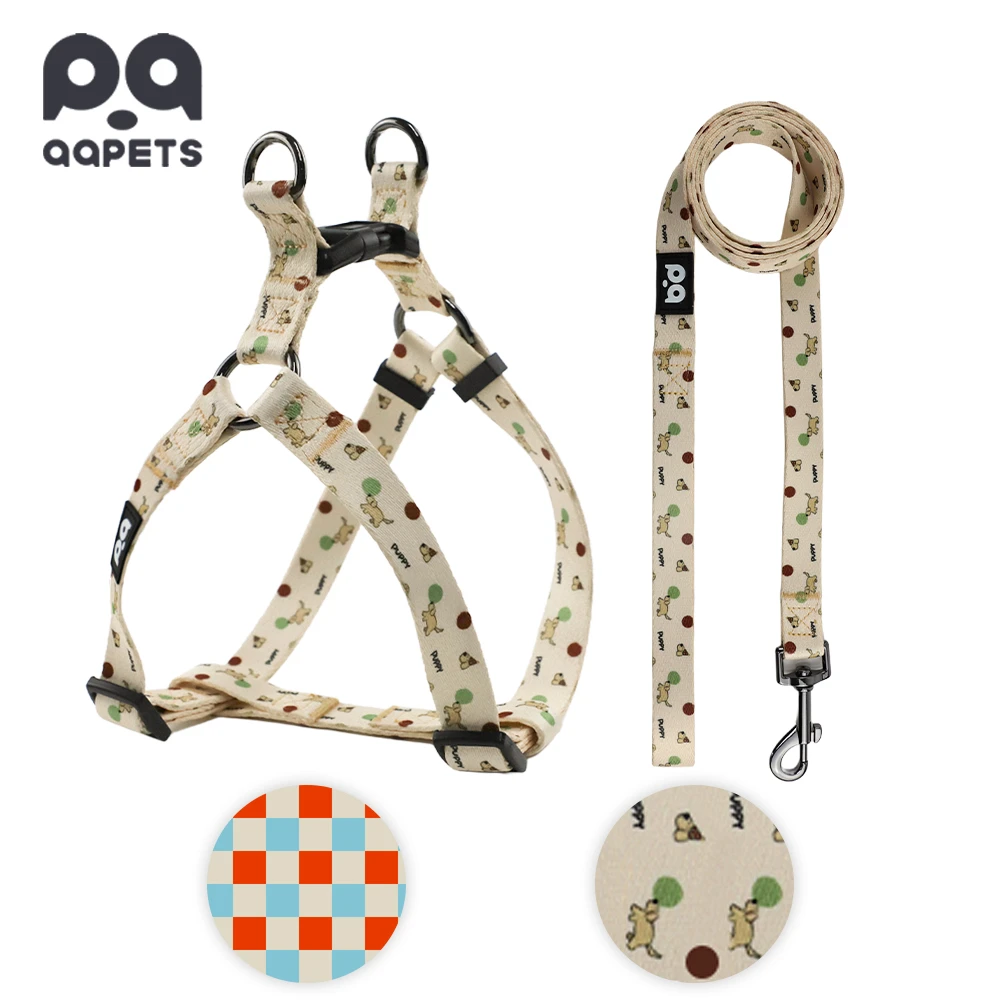 A stylish dog wearing a perfectly fitting custom-designed harness.