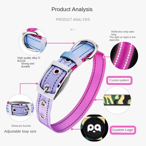A complete, matching custom dog collar, harness, and leash set with a unique pattern.