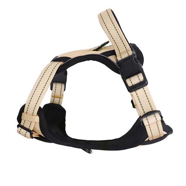A happy dog wearing a perfectly fitting custom designer dog harness.