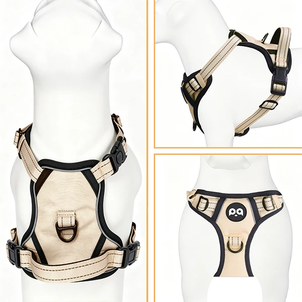 A detailed view of a multi-point adjustable custom dog harness.