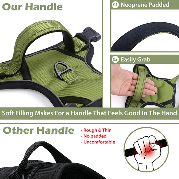A detailed shot of the high-quality stitching and durable D-ring on a custom harness.